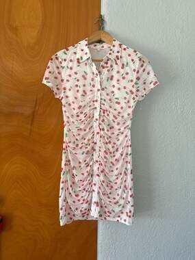Baevely White Cherry Print Ruched Button-Up Mesh Mini Dress